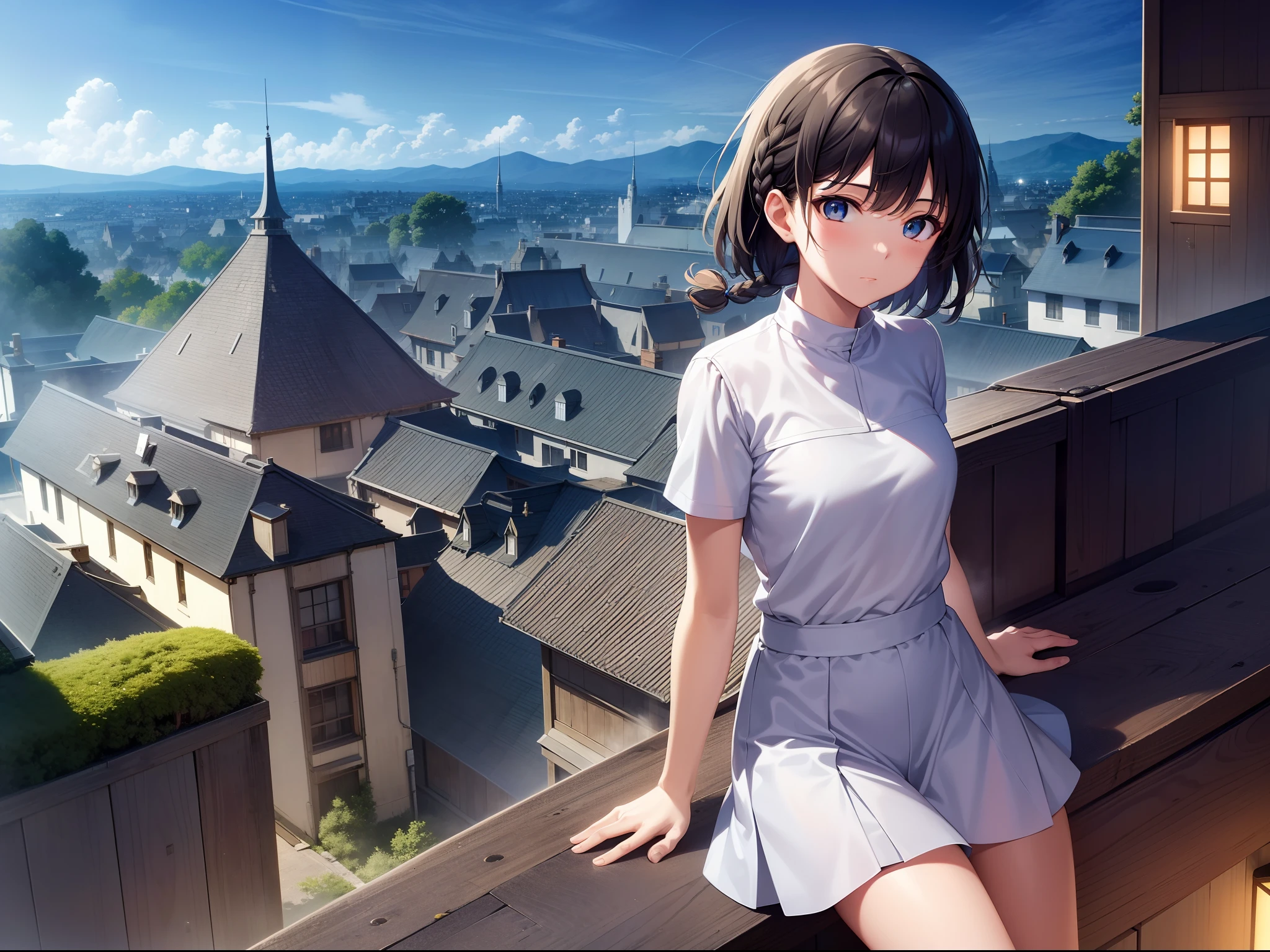 in style of hayao miyazaki，（Hayao Miyazaki animated film：1.4），1 Outdoor girls，Short hair and small braids，sporty attire， late， starrysky， in a panoramic view， scenecy， horizon， the roof， sitting on rooftop，Look down on the city lights， ventania，The wind ruffled the long hair，super-fine，Works of masters，high qulity，8K分辨率，depth of fields，电影灯光，Epic shooting，high qulity，super-fine，Detailed pubic hair，Accurate，Cinematic lighting，（（best qualtiy））， （（tmasterpiece））， （A detailed：1.4），Enhanced dynamic perspective