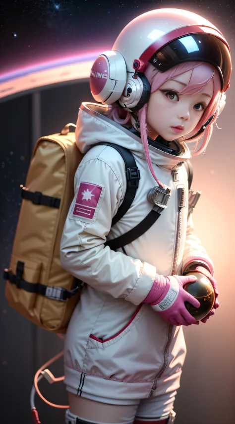 cinematic light, 超高分辨率, tchibi, 1girll, solo, astronaut, spacesuit, helmet, space helmet, full bodyesbian, mitts, standing, pink...