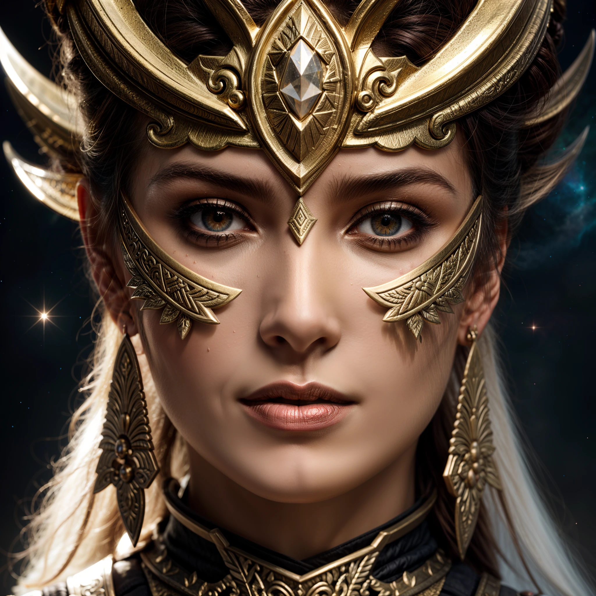 Main object: Warrior's face, goddess warrior
Description: Unparalleled beauty, battle-hardened yet graceful, striking features with scars that tell stories, eyes reflecting both the cosmos and strength
Art type: 3D photorealistic close-up illustration
Art sub-type: Fantasy goddess warrior portrait
View angle: Close-up, eye-level
Background: Celestial realm merging with cosmic dust, offering a divine backdrop, hints of ancient ruins
Lighting: Soft, ethereal illumination caressing every contour, highlighting intricate facial details and battle scars