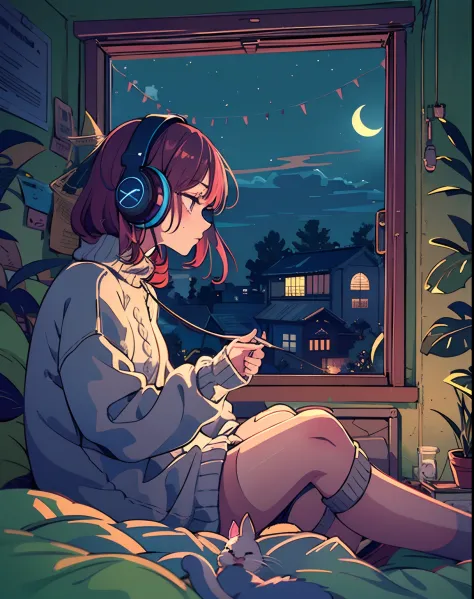 A detailed anime girl, wearing a large sweater, wearing headband headphones, lofi, tranquil, quiet vibes, chilling, in her bedro...