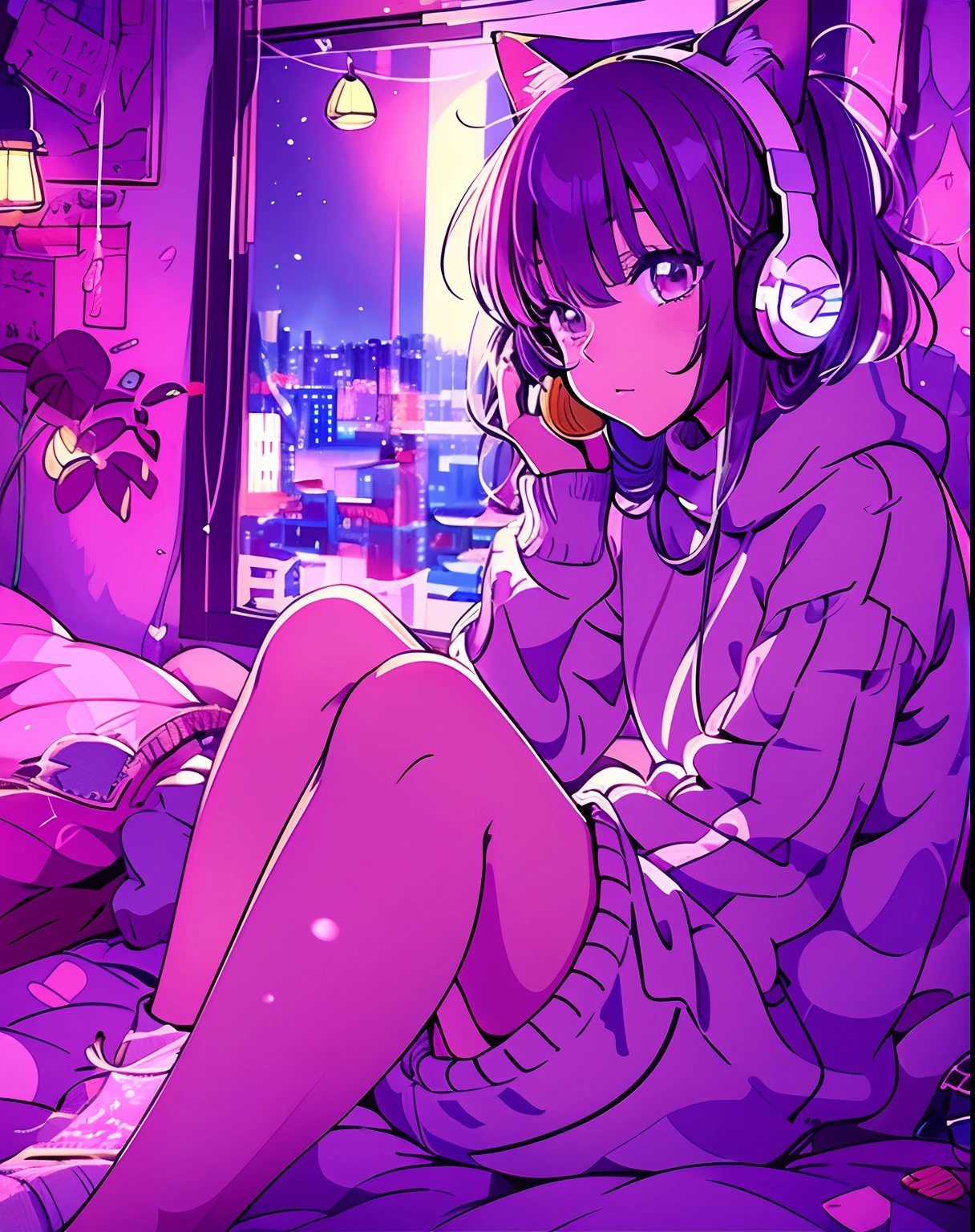 A detailed anime girl, wearing a large sweater, wearing headband headphones, lofi, tranquil, quiet vibes, chilling, in her bedroom looking at the window, night, quiet night, cat, masterpiece, best quality