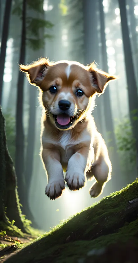 Close-up of a very cute jumping puppy in the forest, soft volumetric light, (backlight: 1.3), (movie: 1.2), intricate details, (ArtStation: 1.3), Rutkowski