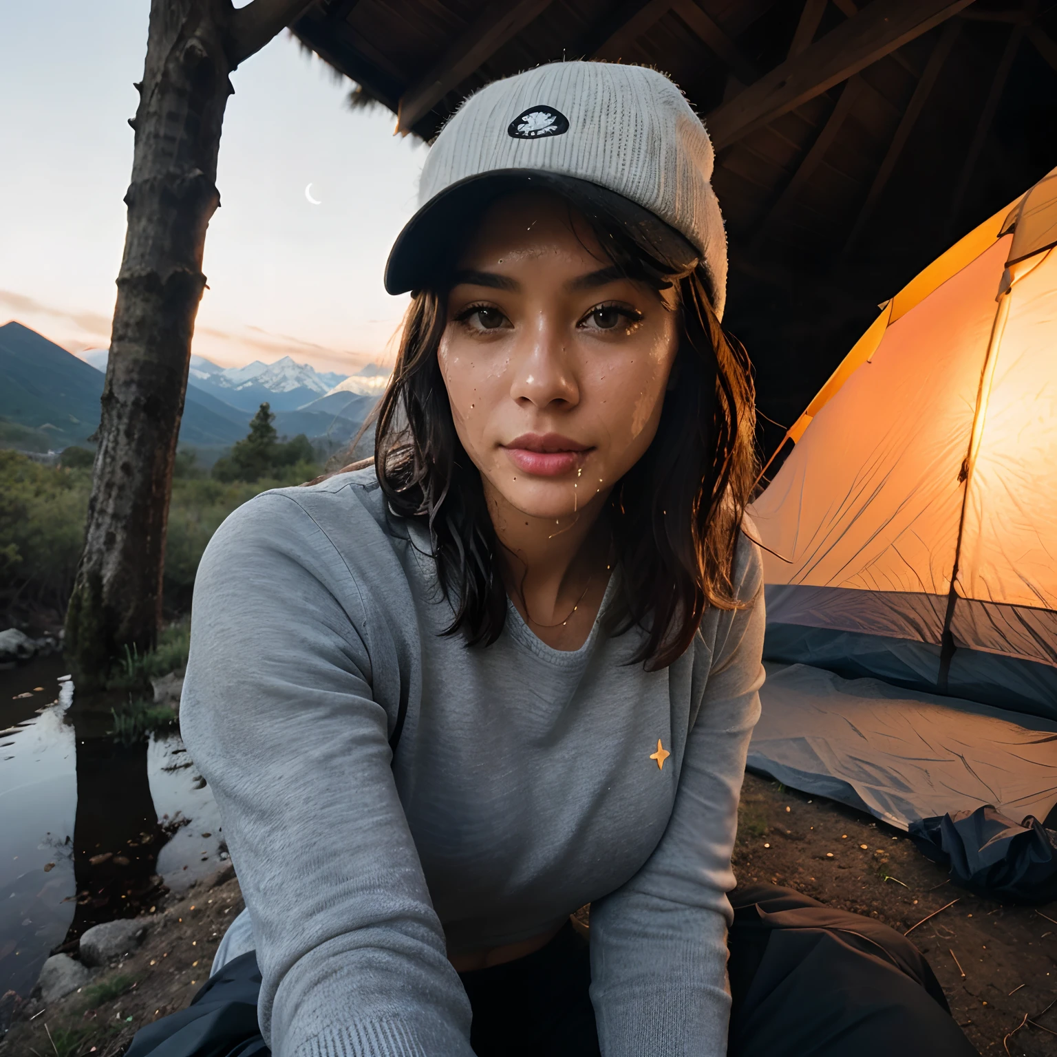 1 woman, Asian, amazonian build, sultry look, wet and sweaty ((upper body selfie, happy)), beautiful backlight, show biceps,masterpiece, best quality, ultra-detailed, solo, outdoors, (night), mountains, nature, (stars, moon) cheerful, happy, backpack, sleeping bag, camping stove, water bottle, mountain boots, gloves, sweater, hat, flashlight, forest, rocks, river, wood, smoke, shadows, contrast, clear sky, analog style (look at viewer:1.2) (skin texture) (film grain:1.3), (warm hue, warm tone:1.2), close up, cinematic light, sidelighting, ultra high res, best shadow, RAW, upper body, wearing pullover