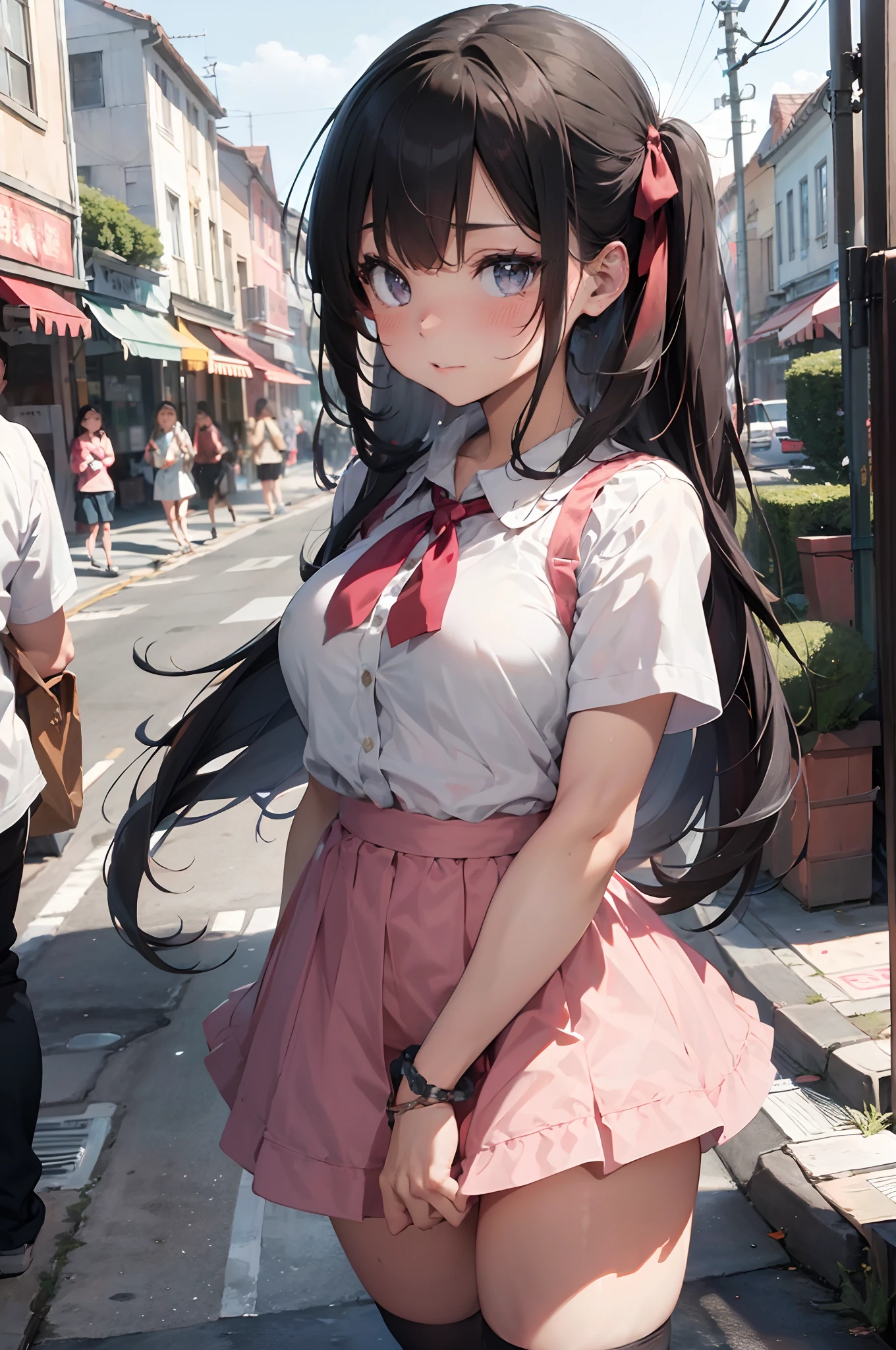 Anime girl with long black hair and pink skirt posing on the street -  SeaArt AI