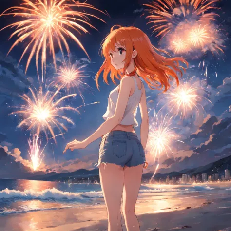 summer day，sea beach，fire works，Girl with orange hair，Wearing ...