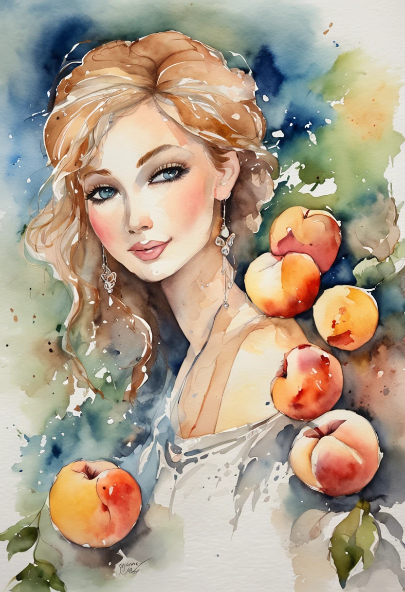 Painting of a woman with peaches in her hand and a blue sky in the  background - SeaArt AI