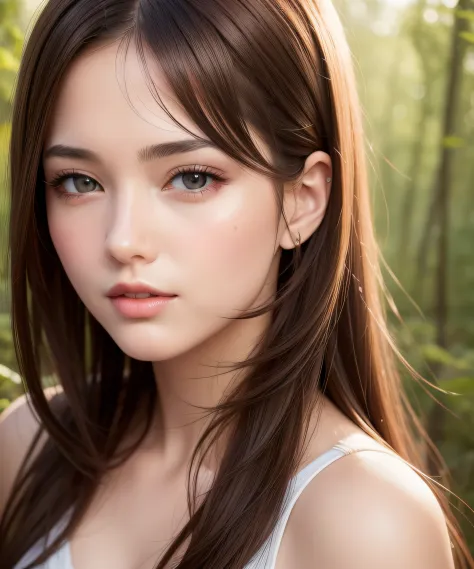 Best Quality, Photorealistic 8K high-resolution illustrations, Beautiful expression of one young woman, Attention to skin details, forest, medium brown hair