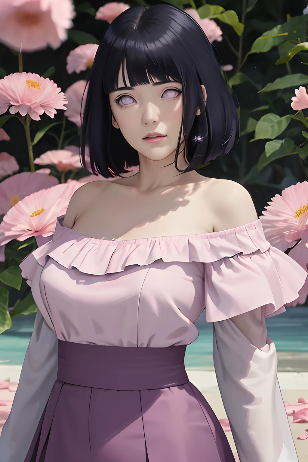 masterpiece, absurdres, hinata\(boruto\), 1girl, solo,mature female, off-shoulder, high waist short skirt, looking at viewer, (falling petals), perfect composition, detailed lips, big breast, beautiful face, body propotion, blush, (pink lips), long hair,  purple eyes,  soft gaze,  super realistic, detailed, photoshoot, realistic face and body,