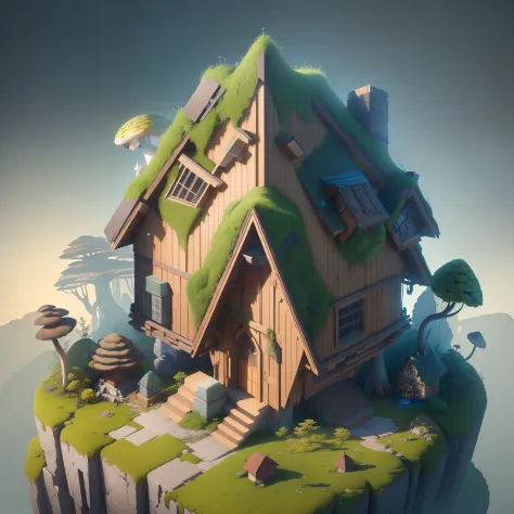 Isometric architecture，Masterpiece, Best quality, (Extremely detailed Cg Unity 8K wallpaper), (Best quality), (Best Illustration), (Best shadow), Mossy mushroom hut， Isometric 3D, rendering by octane,Ray tracing,Ultra detailed