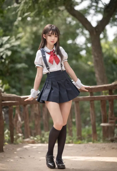 there is a woman in a short skirt and a shirt posing, small curvy loli, wearing skirt and high socks, thighhighs and skirt, anime girl cosplay, dressed as schoolgirl, cute schoolgirl, 8k , she is dancing. realistic, a hyperrealistic schoolgirl, loli in dre...