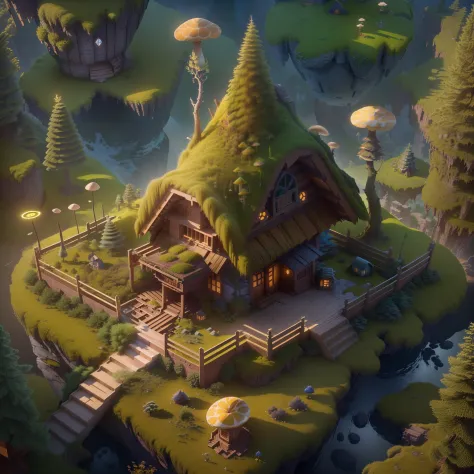 Isometric architecture，Masterpiece, Best quality, (Extremely detailed Cg Unity 8K wallpaper), (Best quality), (Best Illustration), (Best shadow), Mossy mushroom hut， Isometric 3D, rendering by octane,Ray tracing,Ultra detailed