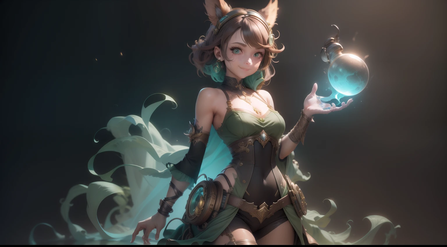 A stunning full body portrait of a magical fantasy，A steampunk woman in a dark green dress, The low-cut neckline accentuates femininity, Small ears, Brown hair, Smiling happy, Dynamic pose, DnD, fantasy, Extreme detail, 4K, Ultra HD, trending on artstationh, Polished, Radiant, vibrant, Backlight, 8K Ultra HD, Unreal Engine 5 potions, intricately details, 3D video rendering