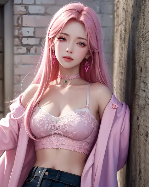 (masterpiece, best quality, 1girl, solo, intricate details, chromatic aberration), realistic, ((medium breath)),very long hair, pink hair, red head ornament, pink highlights, hair over one eye,purple eyes, earrings, sharp eyes, choker, neon shirt, open jac...