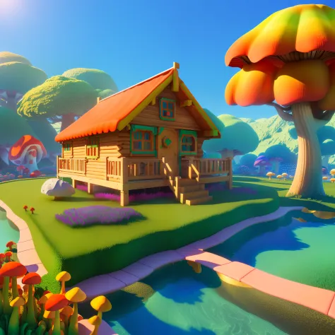 （Cartoon 3D：1.4），Isometric architecture，Masterpiece, Best quality, (Extremely detailed Cg Unity 8K wallpaper), (Best quality), (Best Illustration), (Best shadow), Colorful mushroom hut，Cogumelos， Isometric 3D, rendering by octane,Ray tracing,Ultra detailed