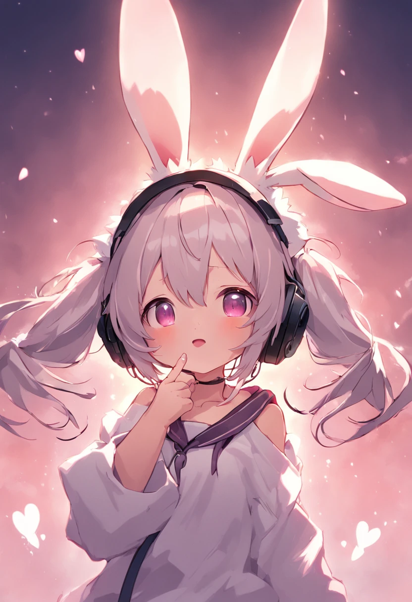 with headphones on、Anime characters with ears and rabbit ears, with big rabbit ears, Loli, with bunny ears, anime ears, Rabbit ears, cute ears, Splash art anime , with long floppy rabbit ears, Bunny ears, original chibi bunny girl, 8K!, Anime moe art style, with bunny rabbit ears, Large ears, Bunny Girl, Round ears，vibrant with colors