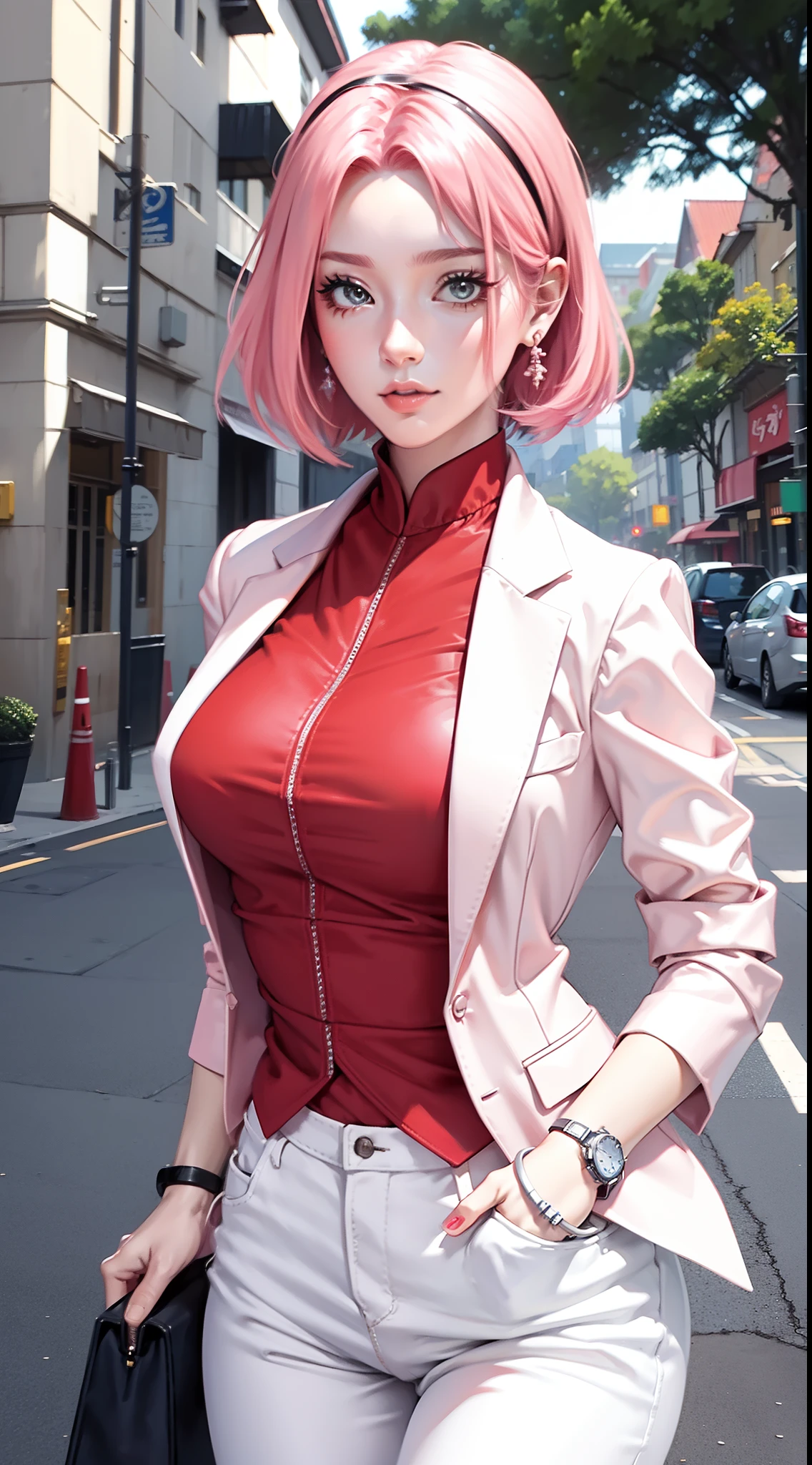 Haruno Sakura aus dem Anime Naruto, pinkes Haar, kurzes Haar, Wimperntusche tragen, perfekter Körper, Perfekte Brüste, Schöne Frau, Wunderschön, trägt ein rotes formelles Hemd, elegantes Kleid, formelle Kleidung, trägt einen weißen Blazer, weiße Hosen, Handtasche tragen, trägt Uhren, Ohrringe tragen, in der Stadt sein, Straßenrand, öffentlicher Raum, Realismus, Meisterwerk, strukturiertes Leder, Super detailliert, Hochdetailliert, gute Qualität, beste Qualität, 1080p, HD, 16k