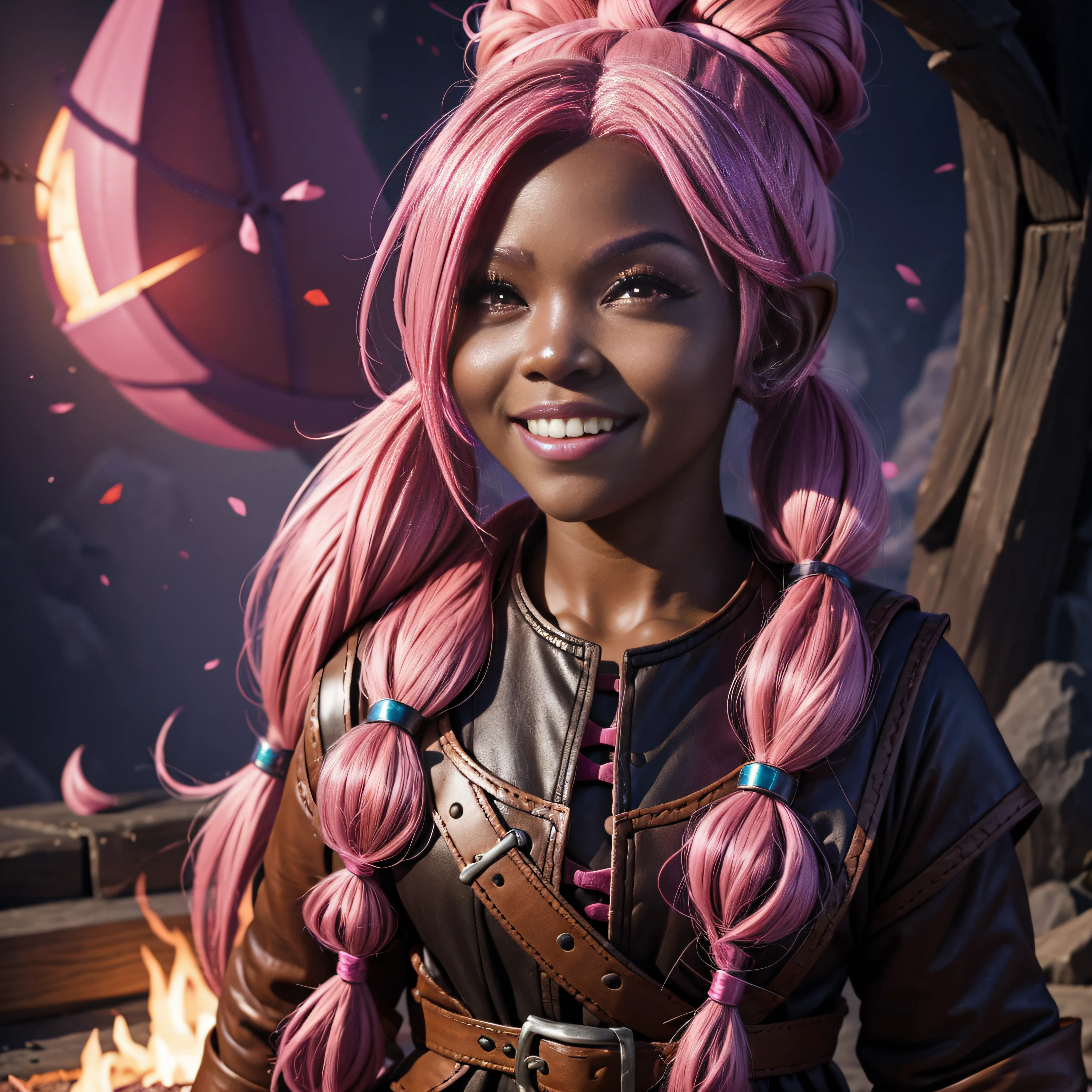 Dnd portrait of gnome, adult female gnome, dark skin, candy pink hair, hot pink hair, bright pink hair, topknot twintails, goggles, enthusiastic expression