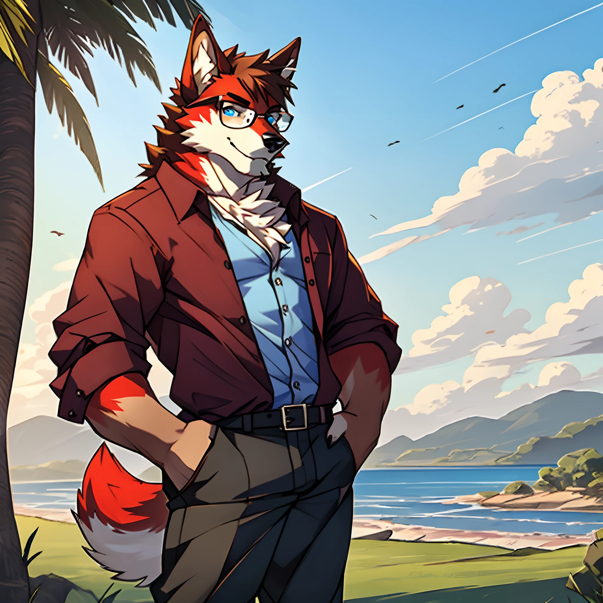 solo person，shaggy male，furry，werecreature，canid，full bodyesbian，Red fur，Red fur，pale blue color eyes，Wearing glasses，short- sleeved，long trousers，short detailed hair，