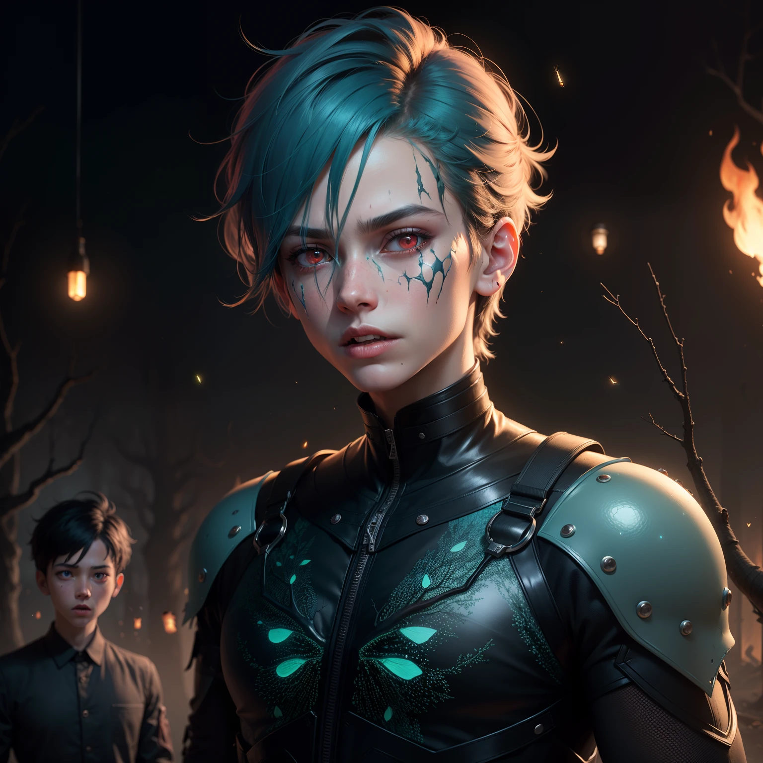 A cyan face cracked，Humanoid boy with red eyes, In the style of twisted branches, vray tracing, Made of insects, Burning/ charred, Process design, Supernatural creatures, Realistic characters, Underground fireflies, Burning blue cotton hair，h...