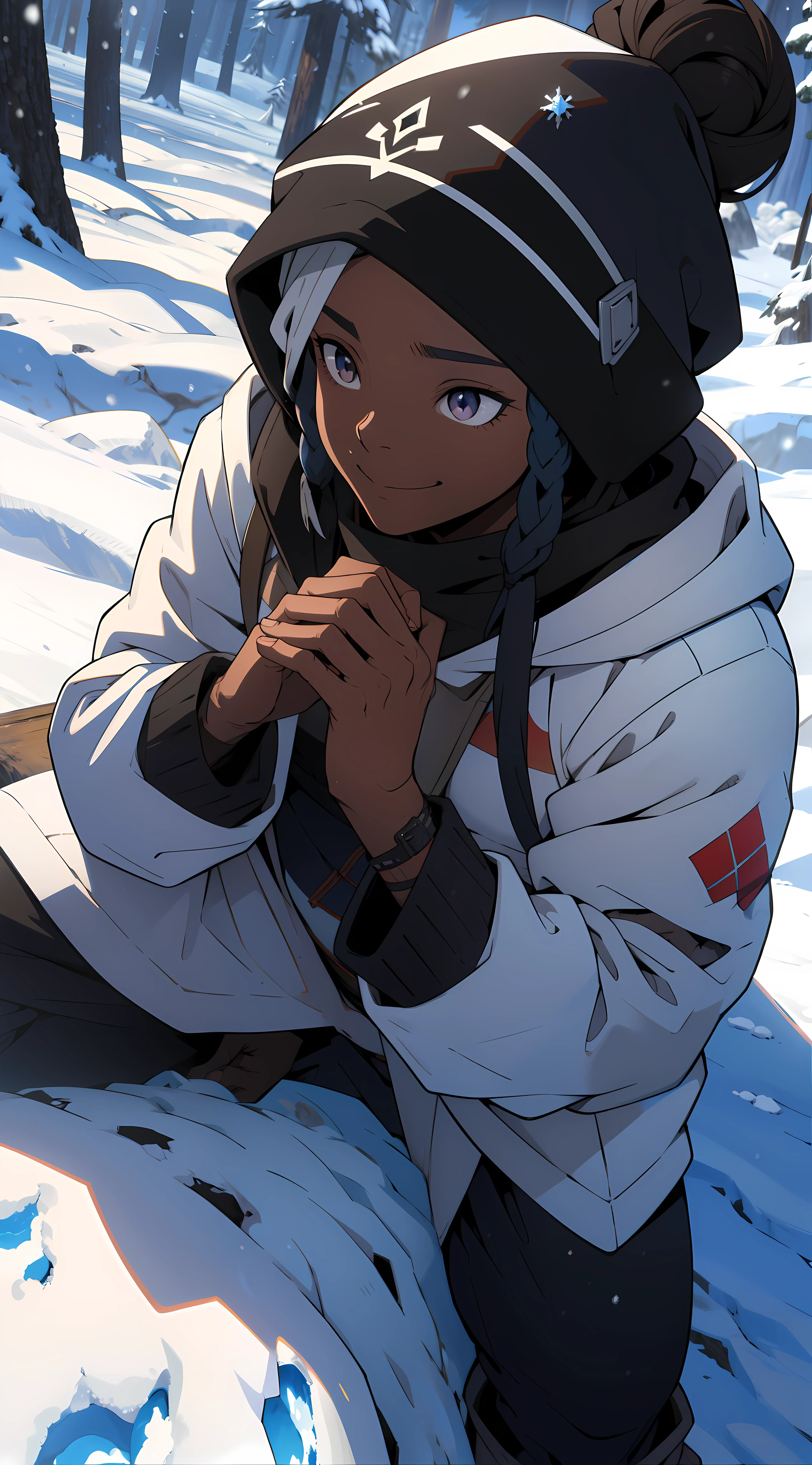 "Draw a charming anime scene, where a dark-skinned black woman is the highlight. She's sitting in the snow, surrounded by a completely white environment. Her black hair falls softly over her shoulders as she warms herself in his hands. Her big anime eyes shine, reflecting its beauty and sweetness. She wears completely white winter clothes, including a cute, furry hat, furry white boots and white gloves. Snow falls around you, Creating a magical setting. The image captures the winter scene with a focus on the woman, highlighting its cuteness and the serenity of the snow that falls around it."