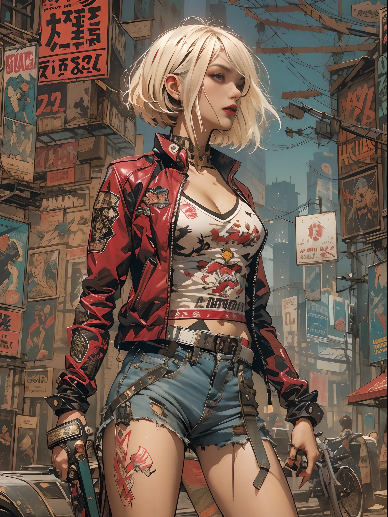 ((top-quality、8K、32K、​masterpiece、nffsw:1.3)), (superfine illustration)、(超A high resolution), (((Adults))), (((1girl in))), ((( bob's haircut ))), 25-year-old cyberpunk gladiator with a perfect body, Shoulder pads with metal spines, Gladiadores in Brooklyn, (( bob's haircut )), Small leather panties, Torn rugby team shirt, Almost naked in Simon Bisley's urban savage style, short blond hair, Minimum clothing, Metal protection on the left arm with complex graphics, Dark red with white stars and blue and white stripes, s Armor, Full of tips and rivets, Poison tattoo (((Image from the knee up))), short white blonde hair,  There is a wall with an intricate design painted by Shepard Fairey