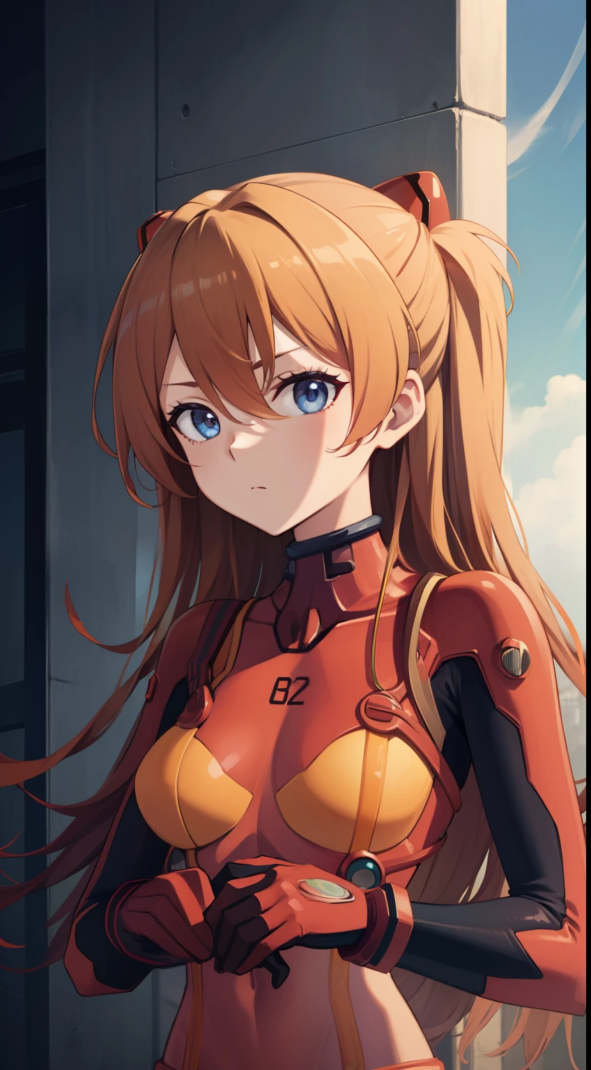 asukalangley, Asuka Langley Soryu, hair between eye,  Orange hair, Long sleeves, plugsuit, Red bodysuit, BREAK outdoors, city, looking at the viewers, (masutepiece:1.2), Best Quality, High resolution, Unity 8k Wallpaper, (Illustration:0.8), (Beautiful detailed eyes), extra detailed face, Perfect Lighting, extremely details CG, (Perfect hands, Perfect Anatomy),