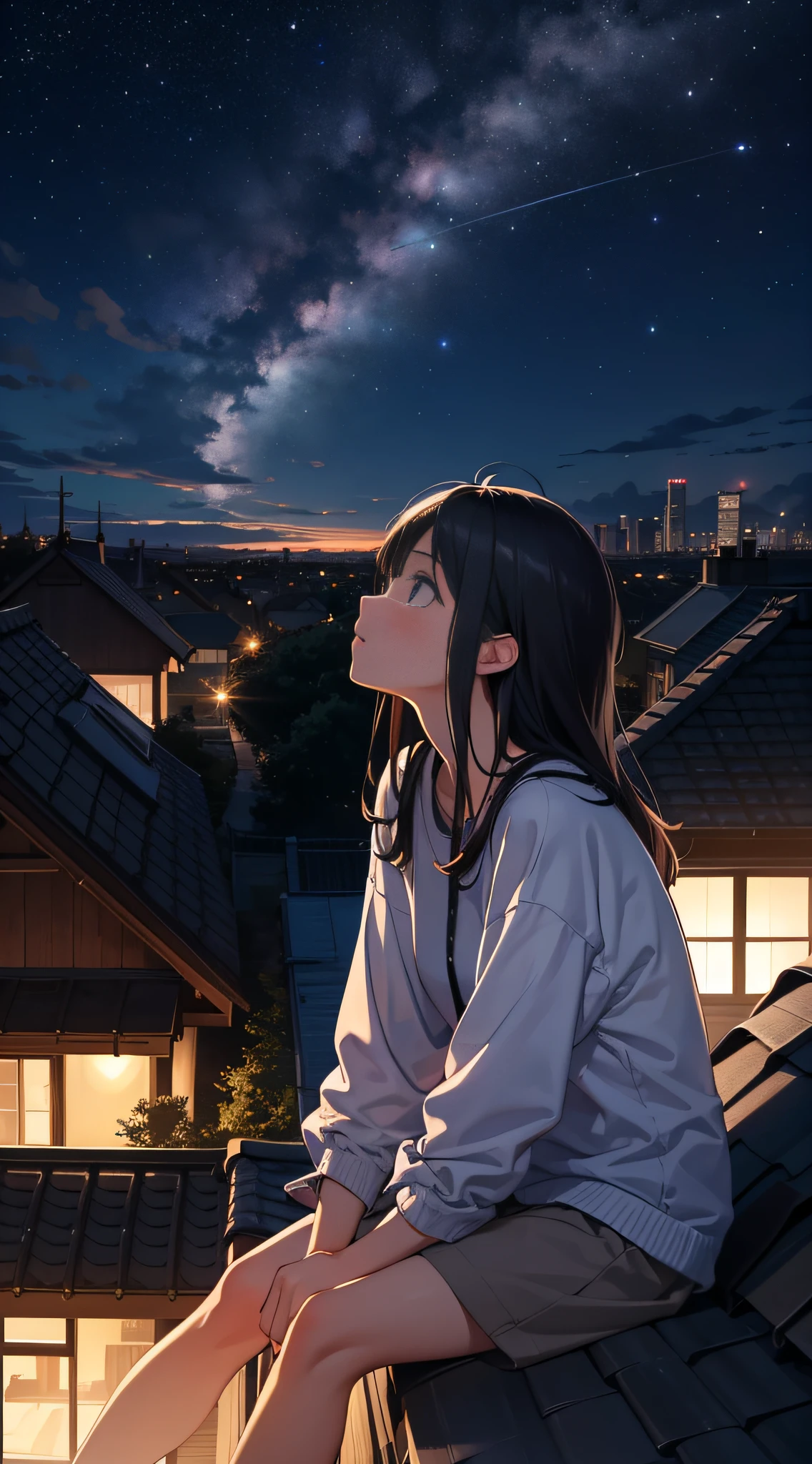 特寫，一個女孩坐在屋頂上,抬頭看看夜空中的星空。在遠方的地平線上,可以看到幾棟建築物的輪廓。她感受到了夜風的舒適。整個場景平靜而美好
