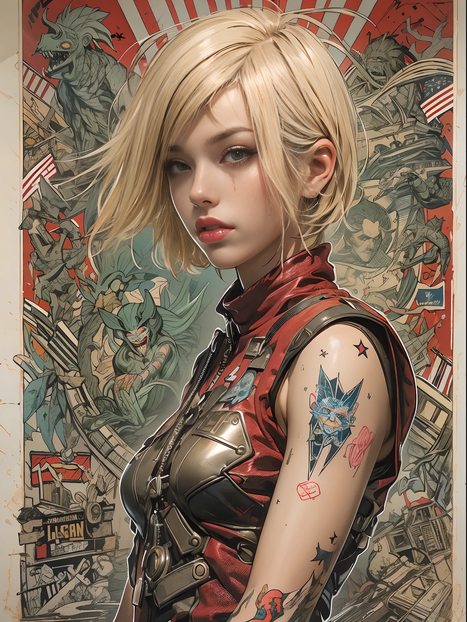 ((top-quality、8K、32K、​masterpiece、nffsw:1.3)), (superfine illustration)、(超A high resolution), (((Adults))), (((1girl in))), ((( bob's haircut ))), 25-year-old cyberpunk gladiator with a perfect body, Shoulder pads with metal spines, Gladiadores in Brooklyn, (( bob's haircut )), Small leather panties, Torn rugby team shirt, Almost naked in Simon Bisley's urban savage style, short blond hair, Minimum clothing, Metal protection on the left arm with complex graphics, Dark red with white stars and blue and white stripes, s Armor, Full of tips and rivets, Poison tattoo (((From the knee up))), short white blonde hair, In the background、 There is a wall with an intricate design painted by Shepard Fairey