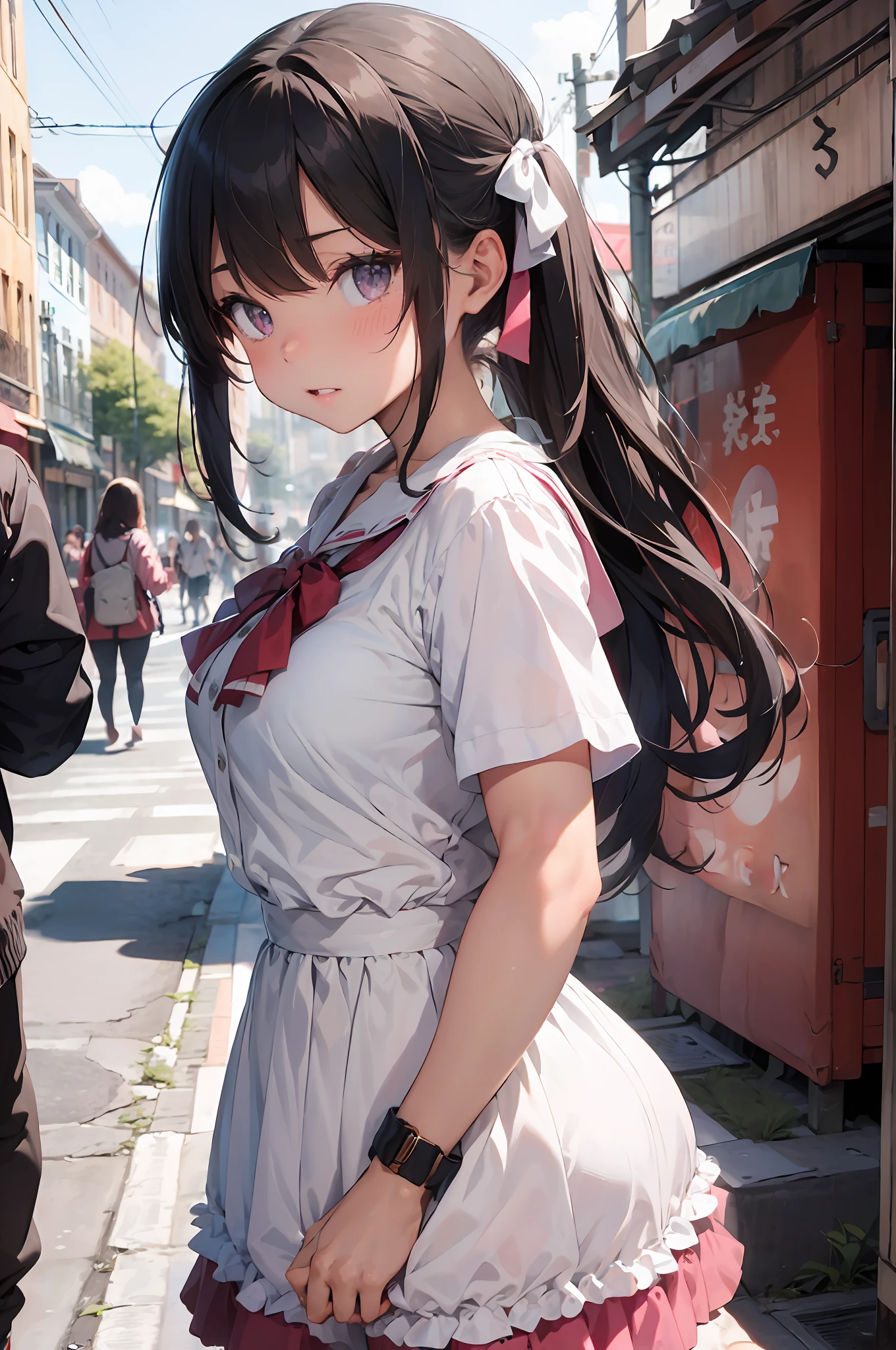 Anime girl in a maid outfit walking down a street - SeaArt AI