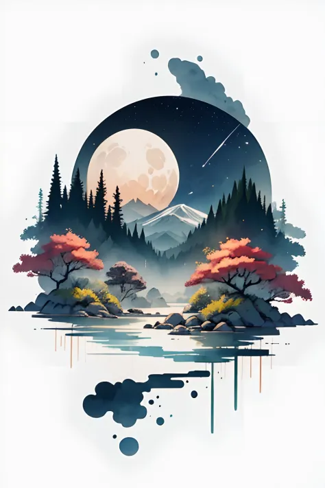 white background, scenery, watercolor, ink, flat mountains, river, moon, star, tranquil night,