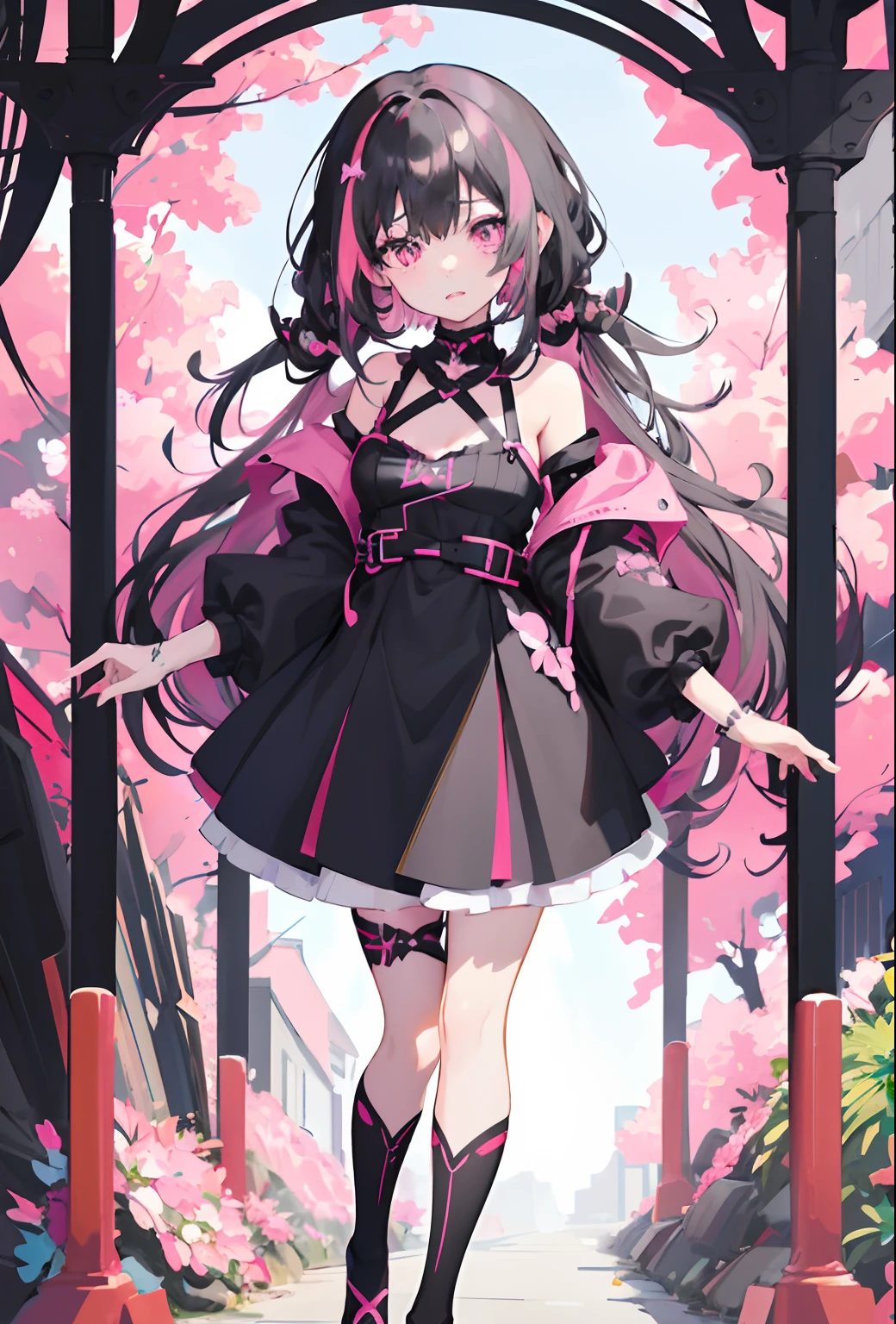 anime girl in a black dress with pink accents, pink and black goth dress, white background, cute anime waifu in a nice dress, anime girl wearing a black dress,  in dress, anime moe artstyle, anime style 4 k, gothic maiden anime girl, anime style. 8k, guweiz on pixiv artstation, 8k high quality detailed art