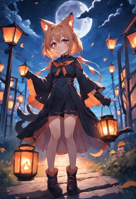 Girl in witch costume，cat ear，The background is the night sky，There is a lantern next to it