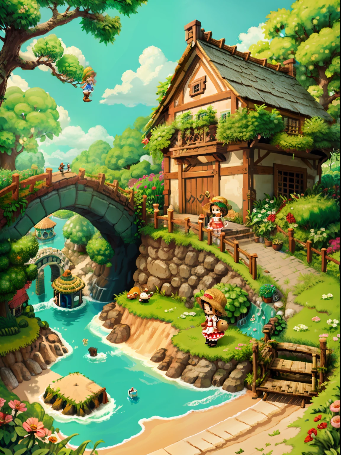 （Pixel art：1.4），Q version《Little girl with teddy bear》，Straw Hat Hat，basket，Floral dress，Little red leather shoes，The tree，small bridge flowing water，small boats，Flowers and plantushroom hut：1.4），Cogumelos，isometry