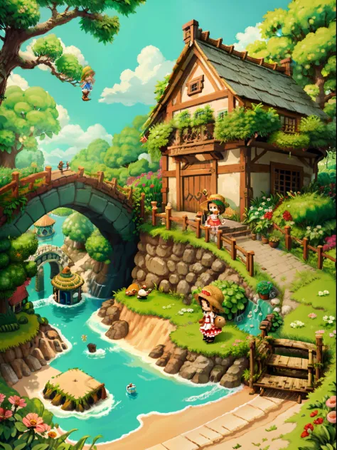 （Pixel art：1.4），Q version《Little girl with teddy bear》，Straw Hat Hat，basket，Floral dress，Little red leather shoes，The tree，small...