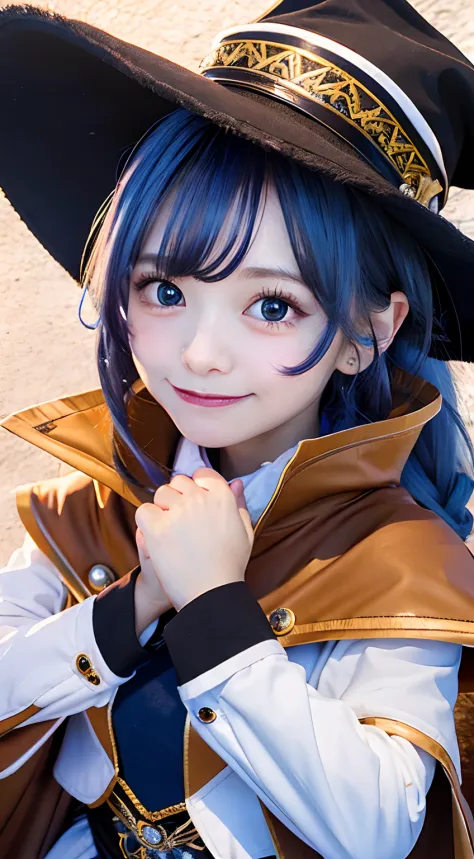 Roxy Migurdia, masutepiece, Best Quality, Very detailed background, cafes, hands on own cheeks, Open mouth, Smile, Put your arm back, Bangs, Black tiara, Blue eyes, Blue hair, braid, brown cape, Cape, hair between eye, hat, Long hair, Witch Hat