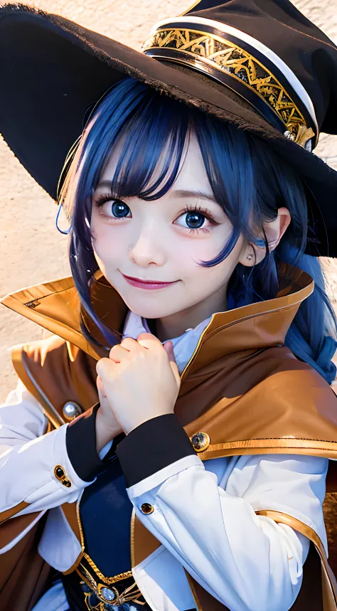Roxy Migurdia, masutepiece, Best Quality, Very detailed background, cafes, hands on own cheeks, Open mouth, Smile, Put your arm back, Bangs, Black tiara, Blue eyes, Blue hair, braid, brown cape, Cape, hair between eye, hat, Long hair, Witch Hat