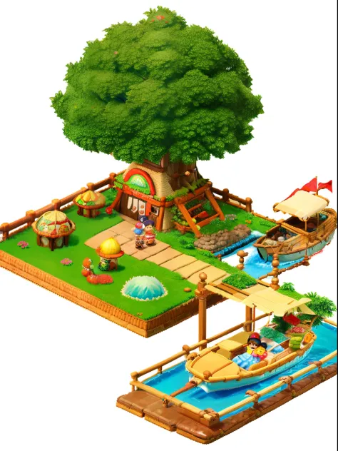 pixel game，（Pixel art：1.4），Q version《Little girl with teddy bear》，Straw Hat Hat，basket，Floral dress，Little red leather shoes，The tree，small bridge flowing water，small boats，Flowers and plants，（Mushroom hut：1.4），Cogumelos，isometry