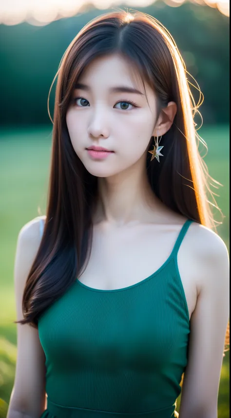 realistic photos of (1 cute Korean star) hair intakes, white skin, thin makeup, 32 inch breasts size, wearing blue and green dress, standing at wide field, sunset light, close-up, 16k