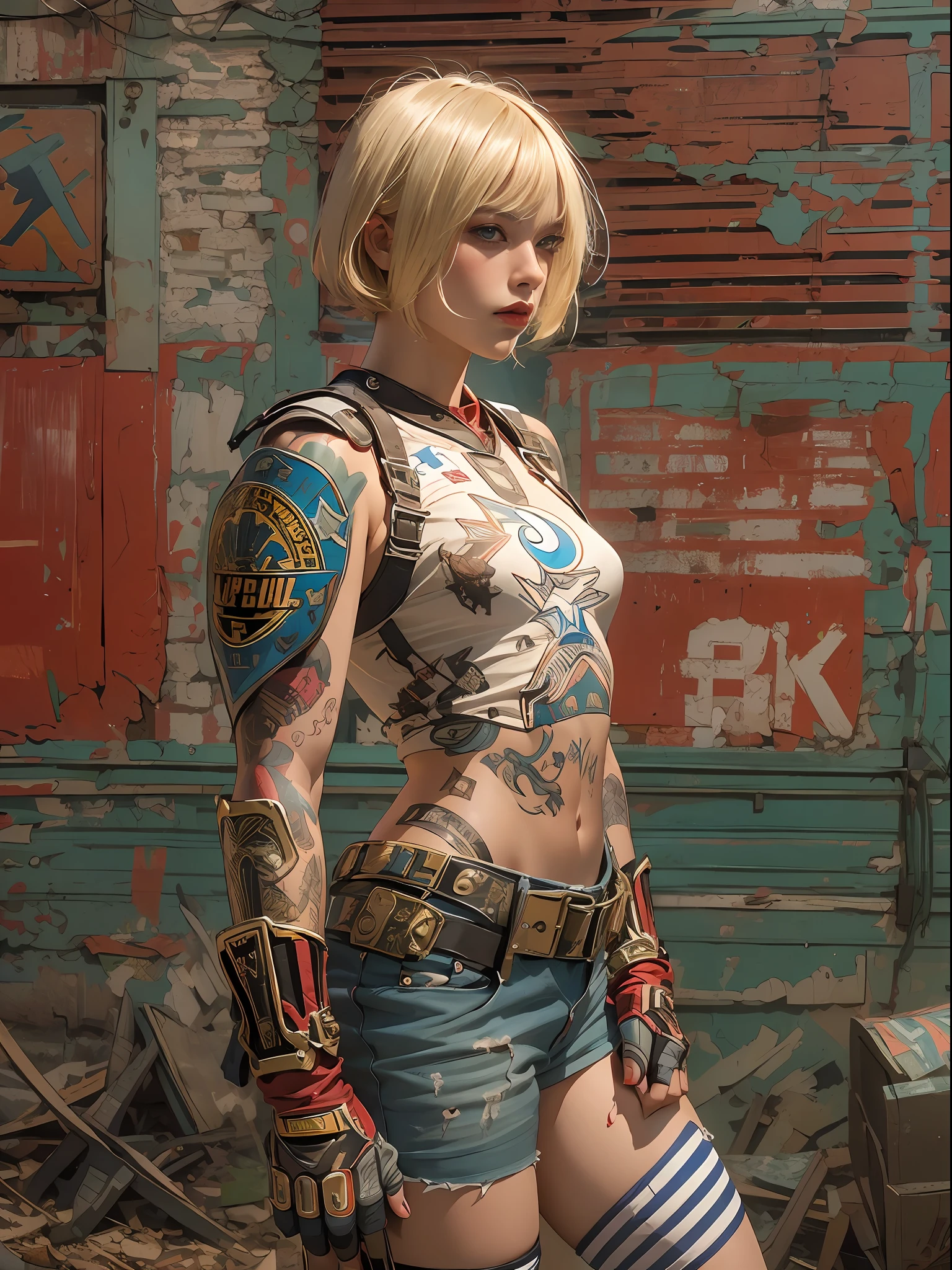 ((top-quality、8K、32K、​masterpiece、nffsw:1.3)), (superfine illustration)、(超A high resolution), (((Adults))), (((1girl in))), ((( bob's haircut ))), 25-year-old cyberpunk gladiator with a perfect body, Shoulder pads with metal spines, Gladiadores in Brooklyn, (( bob's haircut )), Small leather panties, Torn rugby team shirt, Almost naked in Simon Bisley's urban savage style, short blond hair, Minimum clothing, Metal protection on the left arm with complex graphics, Dark red with white stars and blue and white stripes, s Armor, Full of tips and rivets, Poison tattoo (((From the knee up))), short white blonde hair, In the background、 There is a wall with an intricate design painted by Shepard Fairey