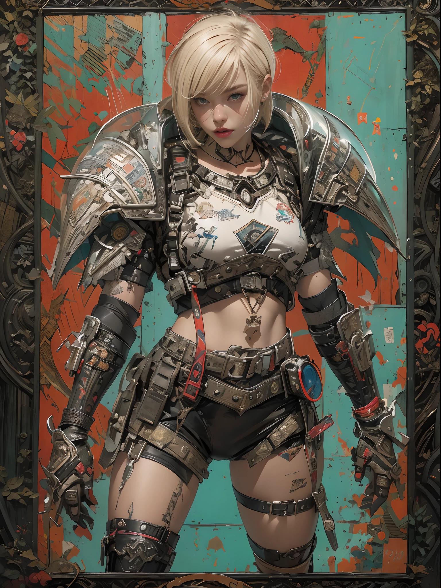 ((top-quality、8K、32K、​masterpiece、nffsw:1.3)), (superfine illustration)、(超A high resolution), (((Adults))), (((1girl in))), ((( bob's haircut ))), 25-year-old cyberpunk gladiator with a perfect body, Shoulder pads with metal spines, Gladiadores in Brooklyn, (( bob's haircut )), Small leather panties, Torn rugby team shirt, Almost naked in Simon Bisley's urban savage style, short blond hair, Minimum clothing, Metal protection on the left arm with complex graphics, Dark red with white stars and blue and white stripes, s Armor, Full of tips and rivets, Poison tattoo (((From the knee up))), short white blonde hair, In the background、 There is a wall with an intricate design painted by Shepard Fairey