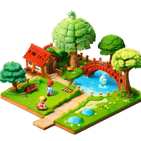 pixel game，（Pixel art：1.4），Q version《Little girl with teddy bear》，Straw Hat Hat，basket，Floral dress，Little red leather shoes，The tree，small bridge flowing water，small boats，Flowers and plants，（Mushroom hut：1.4），Cogumelos，isometry