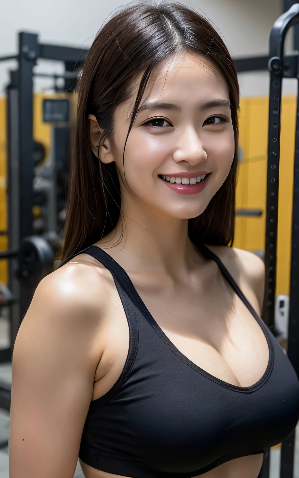 Highly detailed CG Unity 8k wallpaper, of the highest quality, Ultra-detailed, masutepiece, Realistic, photographrealistic, extremely detailed cute girl, 42 year old, Large breasts , cleavage , (get sweaty) ,  Round eyes,  ( See-through with sweat)、viewer,  blush, Smile, Parted lips, FULL BODYSHOT ,  Tank top ,  Panties , squatt, sports gym