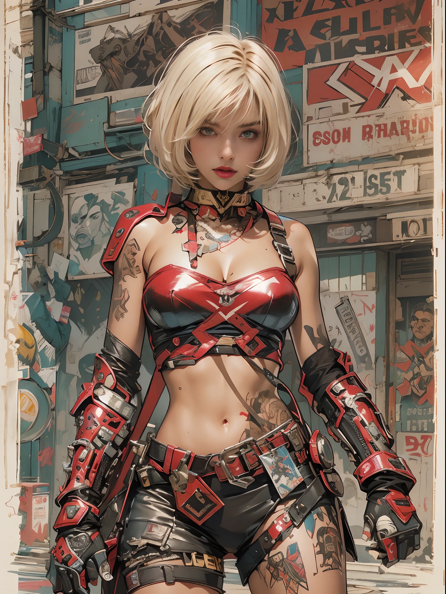 ((top-quality、8K、32K、​masterpiece、nffsw:1.3)), (superfine illustration)、(超A high resolution), (((Adults))), (((1girl in))), ((( bob's haircut ))), 25-year-old cyberpunk gladiator with a perfect body, Shoulder pads with metal spines, Gladiadores in Brooklyn, (( bob's haircut )), Small leather panties, Torn rugby team shirt, Almost naked in Simon Bisley's urban savage style, short blond hair, Minimum clothing, Metal protection on the left arm with complex graphics, Dark red with white stars and blue and white stripes, s Armor, Full of tips and rivets, Poison tattoo (((From the knee up))), short white blonde hair, In the background、 There is a wall with an intricate design painted by Shepard Fairey