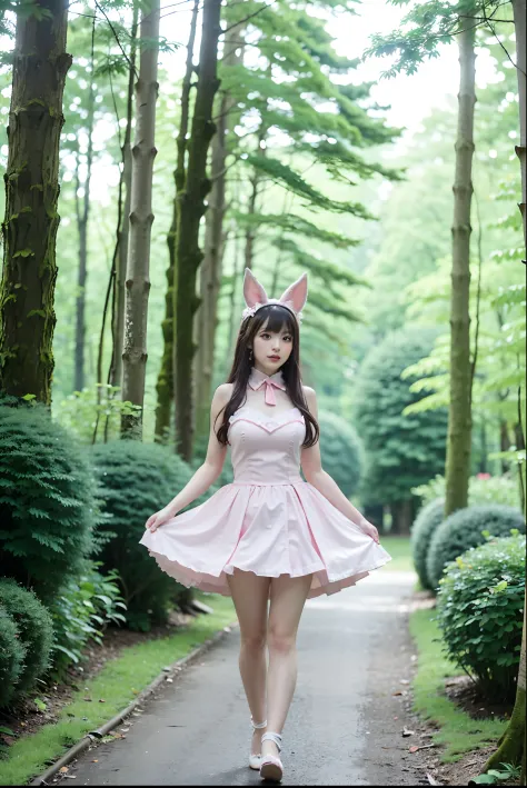 Alafi running in the woods in a pink dress and rabbit ears, Anime girl cosplay, Anime cosplay, ahri, cosplay, cosplay foto, full...