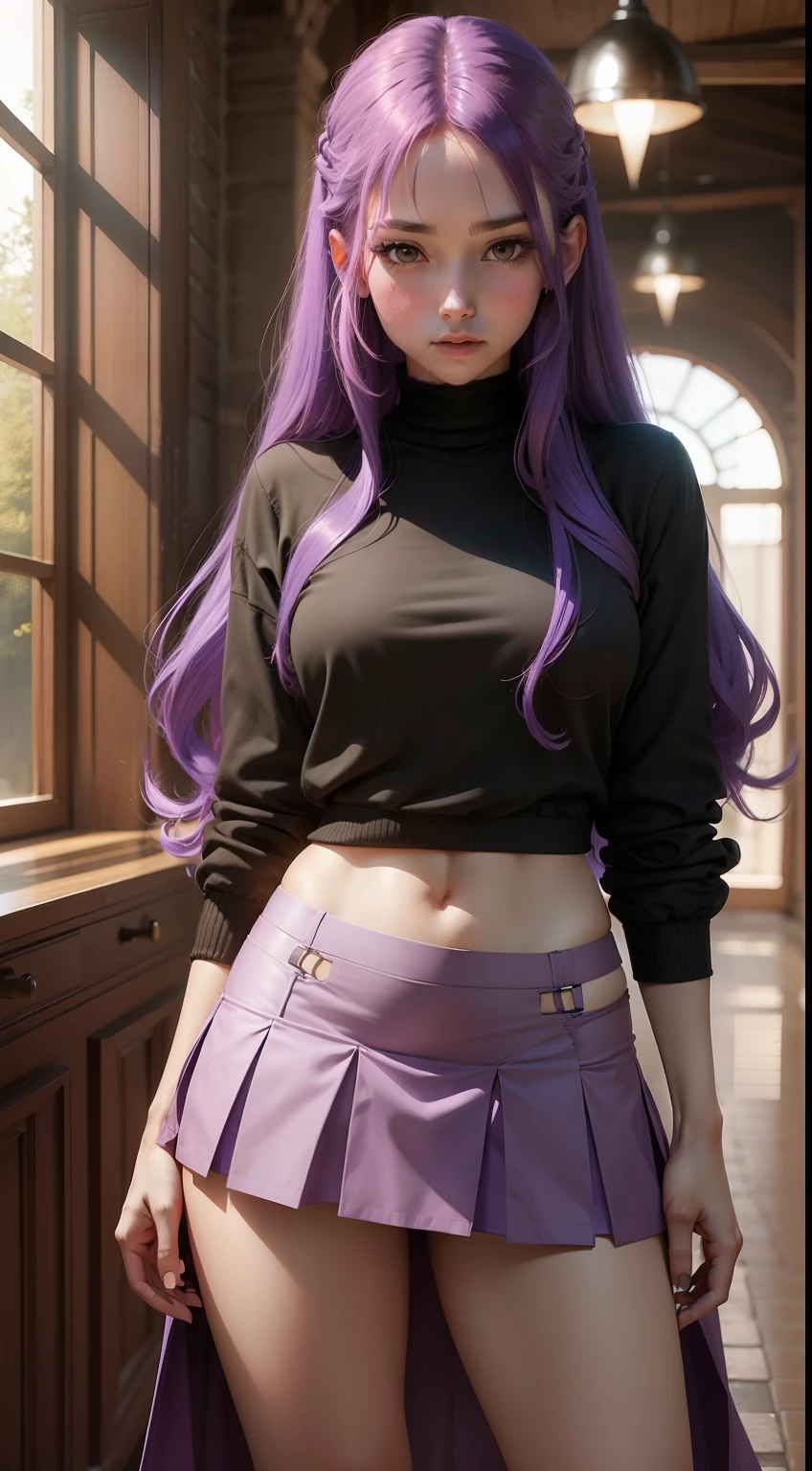 A close up of a person with purple hair and a skirt - SeaArt AI