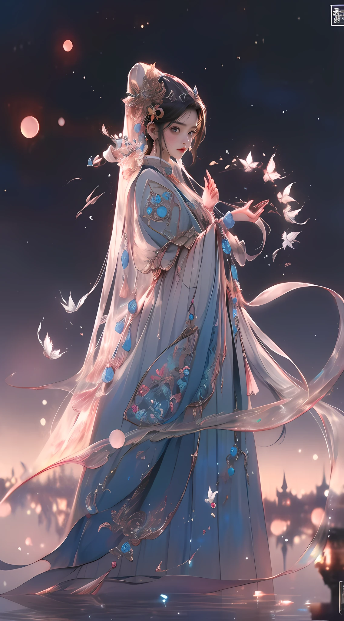 青いドレスを着た女性，手に蝶を持って, 宮殿 ， 漢服の少女, 美しいファンタジーの皇后, 古代中国の王女, ((美しいファンタジーの皇后)), 8k 高品質詳細アート, チャイナプリンセス, グヴィズ-style artwork, 中国のファンタジー, 美しいアートワークのイラスト, グヴィズ, 美しいデジタルアート