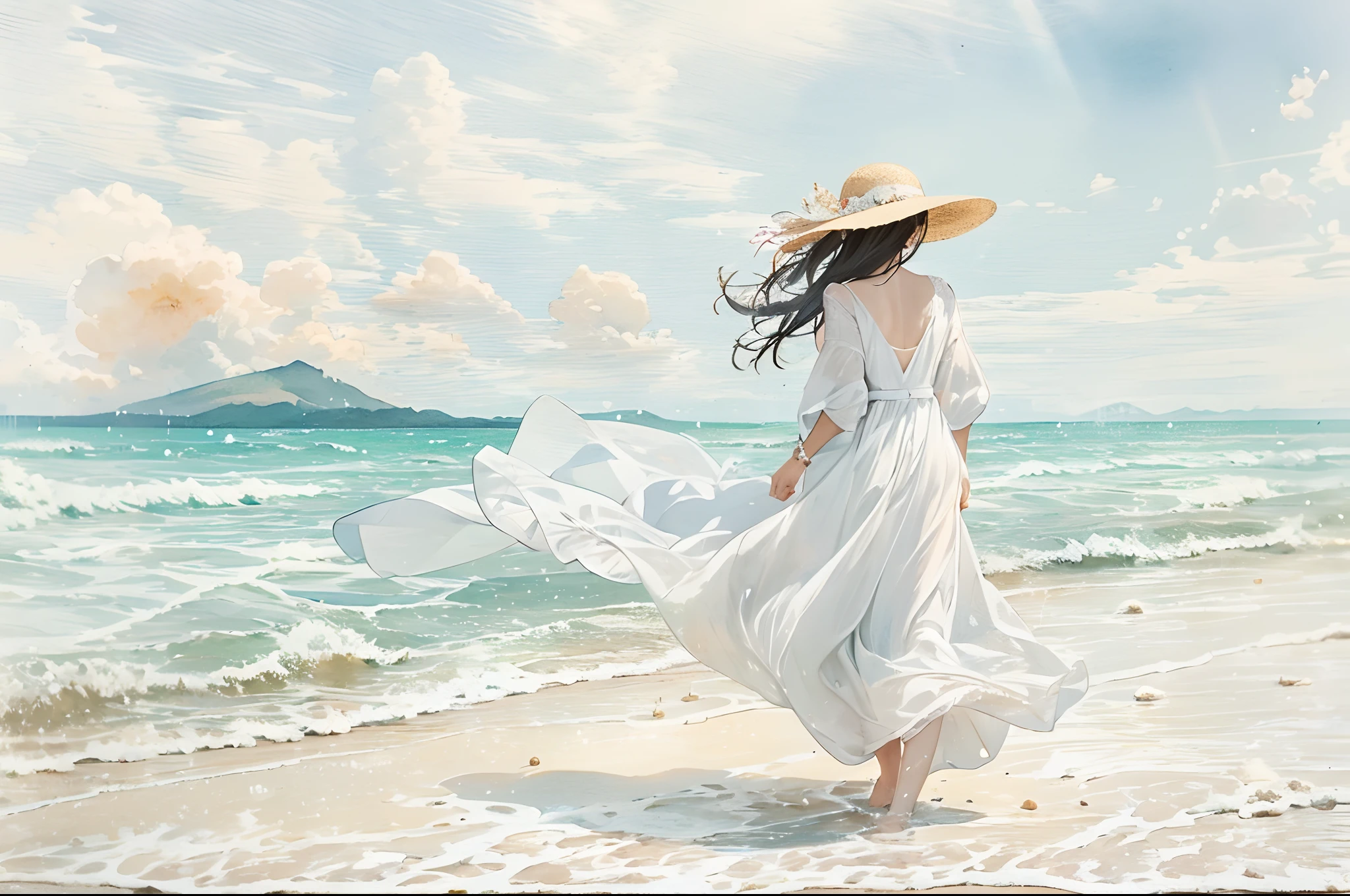 ผู้หญิงในชุดขาวเดินเล่นไปตามหาดทรายขาวสวยงามจนหมวกฟางปลิวไปตามลมแรง, และเธอก็รีบคว้ามันไว้ด้วยมือของเธอ. พื้นหลัง/// ทะเลที่สวยงามเป็นชายหาดน้ำตื้นที่มีคลื่น. หาดทรายขาวมีความสวยงามด้วยปะการังและเปลือกหอย. เหนือทะเลยังมีภูเขาเช่น Diamond Head และเรือยอทช์,โฟกัสนุ่มนวล , สีน้ำไล่ระดับแสง , เหมือนฝัน , พื้นหลังสีขาว