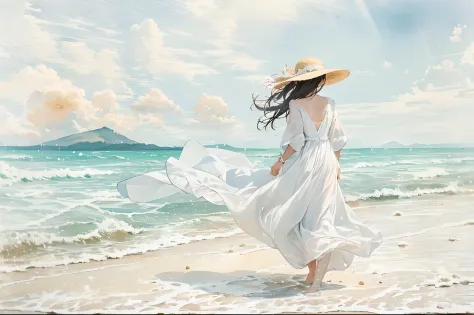 A woman in a white dress strolling along a beautiful white sandy beach almost has her straw hat blown off by a strong wind, and ...