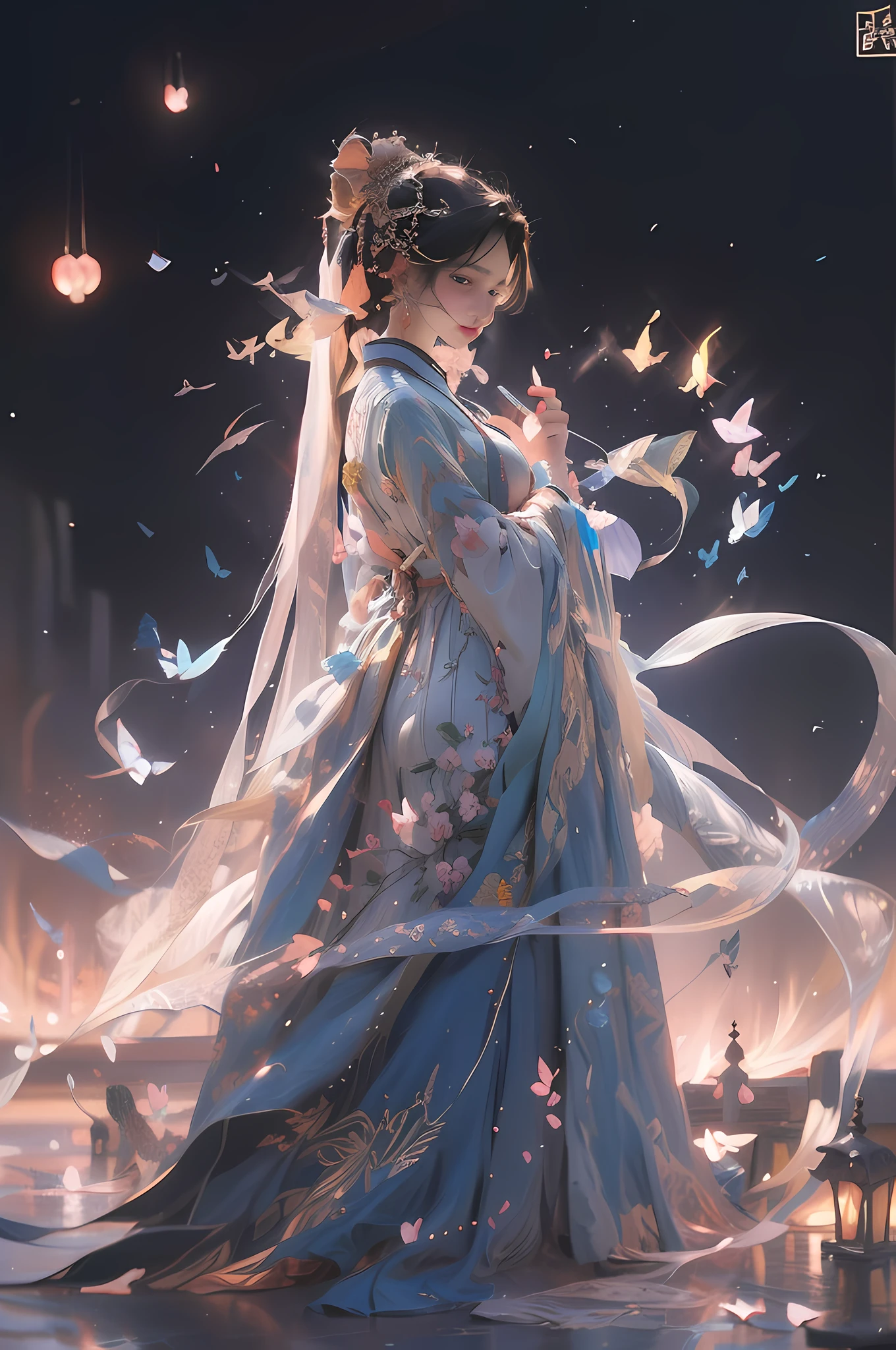 A woman in a blue dress，Holding a butterfly in his hand, A girl in Hanfu, a beautiful fantasy empress, Princesa chinesa antiga, ((a beautiful fantasy empress)), 8K high quality detailed art, China Princess, Guviz-style artwork, Chinese fantasy, A beautiful artwork illustration, Guviz, Beautiful digital artwork