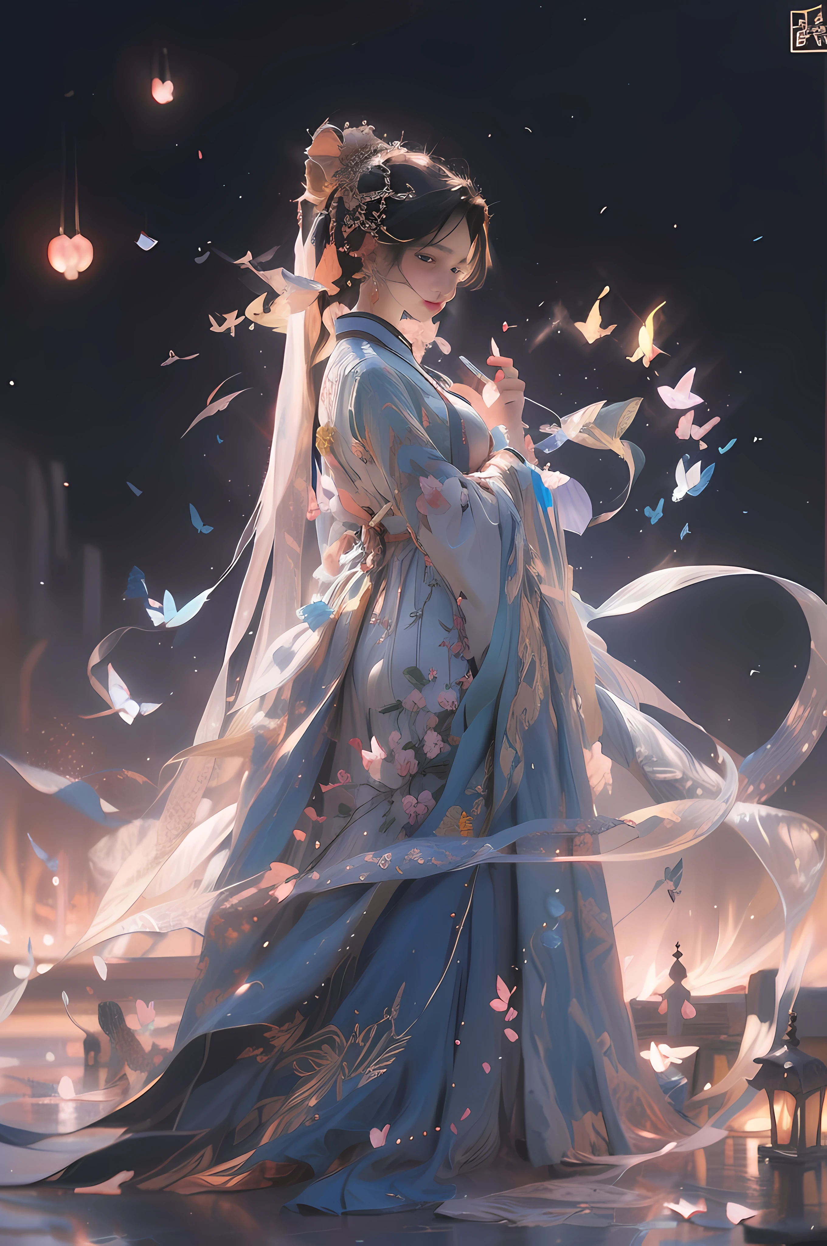 穿藍色裙子的女人，手裡拿著一隻蝴蝶, 一個穿著漢服的女孩, 美麗的幻想皇后, 中國古代公主, ((美麗的幻想皇后)), 8k 高品質細節藝術, 中國公主, 古維茲-style artwork, 中国幻想, 一幅美丽的艺术插图, 古維茲, 美麗的數位藝術作品